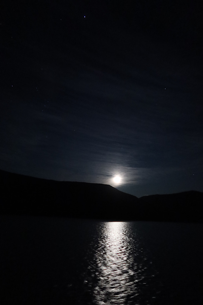 I was still awake later for a really pretty (but hard to photograph) nightscape out my window with the bright moon and stars on the water.