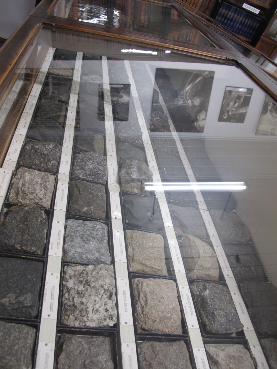 Blocks of various rocks from the school of mining that was here.