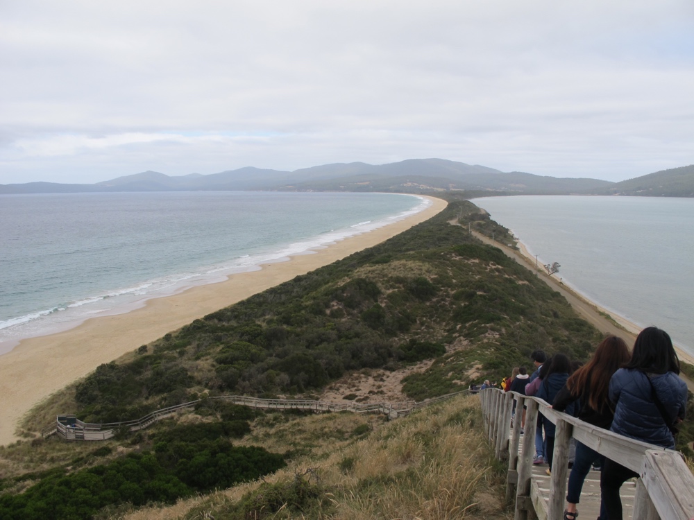 Bruny Island neck, plus tourists filing up and down the stairs.