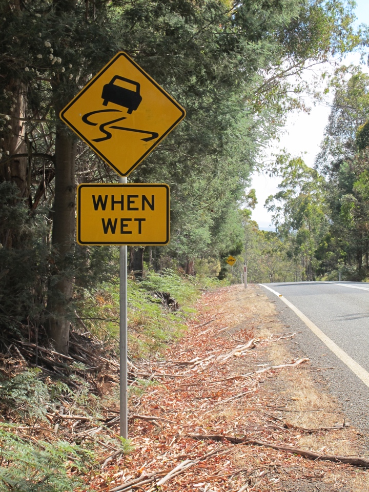 Apparently, in Tasmania, rain causes the wheels of cars to play tricks.